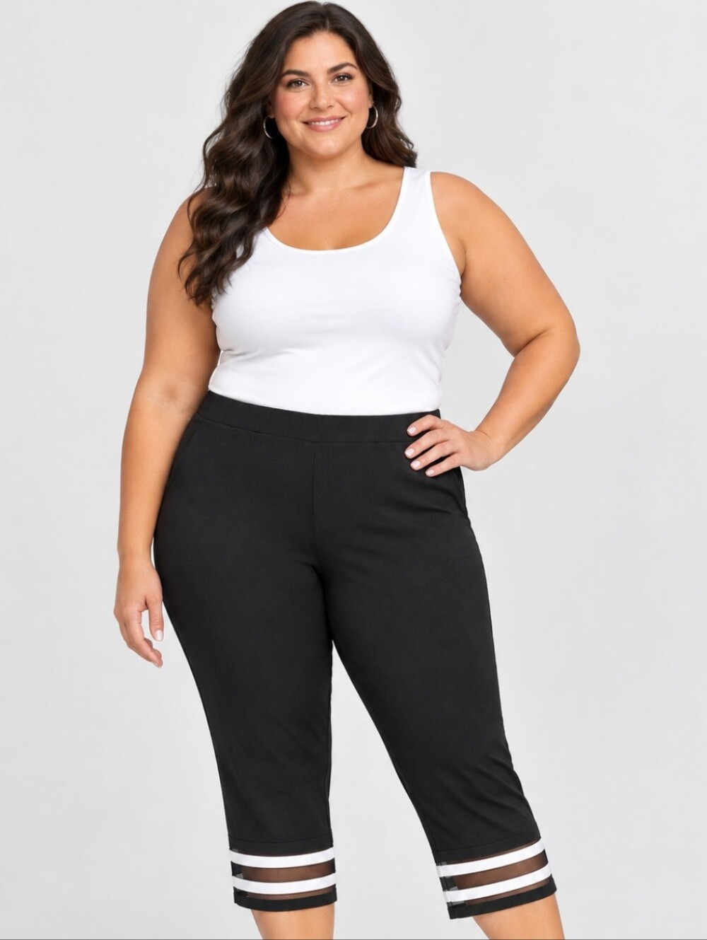 Joseph Ribkoff Pull On Black Capri With Mesh Striped Cuff